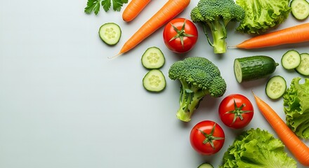 A fresh assortment of vegetables including carrots, cucumbers, broccoli, lettuce, and tomatoes arranged on a light background, Ideal for use in wellness content, diet and meal planning