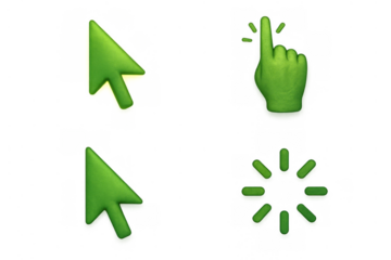 Green 3d mouse cursors and loading icon set for web navigation, online interface and digital interaction