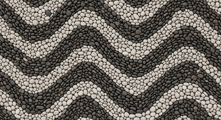 Striking Black and White Pebble Mosaic Wave Pattern Texture
A detailed, high-resolution close-up view of an intricate outdoor pebble mosaic featuring a bold, hypnotic wave pattern
