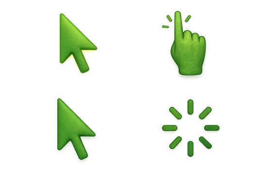 Green 3d mouse cursors and loading icon set for web navigation, online interface and digital interaction
