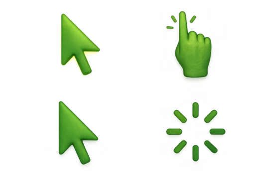 Green 3d mouse cursors and loading icon set for web navigation, online interface and digital interaction