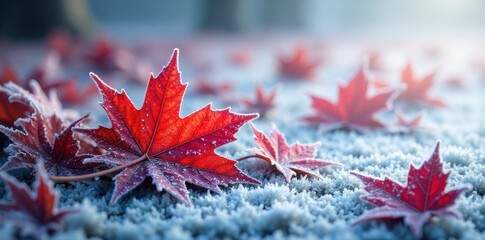 Close up macro view of frost covered red maple leaves on the ground in early autumn. A close up, macro shot of fallen red maple leaves on the ground, covered in delicate frost crystals. The morning