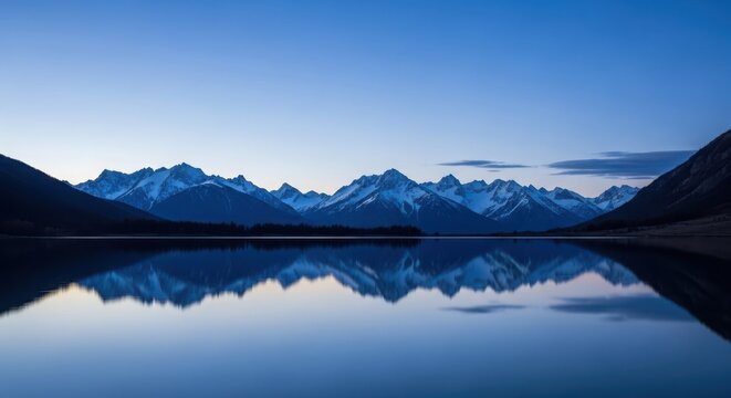 A serene lake reflecting snowcapped mountains at dusk, capturing the tranquility and beauty of a natural landscape at twilight