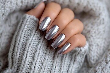 Woman showing chrome silver manicure on cozy sweater