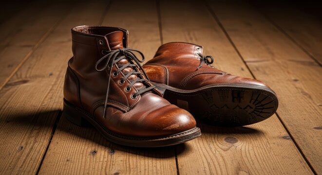A pair of vintage leather boots on a wooden floor showcasing timeless style and craftsmanship with a rustic and worn aesthetic appeal