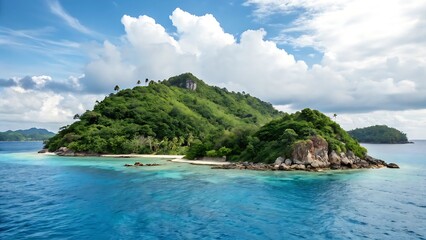 Fototapeta premium Nature's beauty island in the middle of the sea photographed on white background with shadow. AI GENERATED.