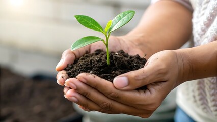 Hands Gently Holding a Young Plant with Soil for Planting
