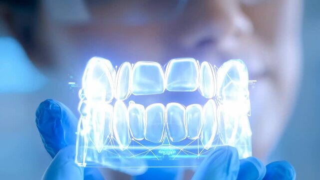 Woman scientist observes 3D digital dental model for orthodontic treatment, a concept of dentistry and technology footage