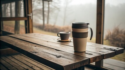 Sustainable Living: Reusable Coffee Cup on a Rustic Porch
