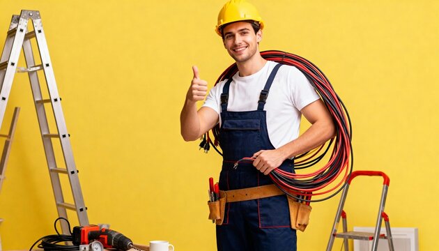 Smiling electrician in a hard hat holding cables and giving a thumbs up. Professional handyman with tools on a yellow background with copy space - Powered by Adobe