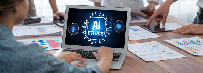 AI ethics responsibility standard law and rules on computer screen provide report of AI ethic...