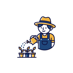 Fototapeta premium Happy gardener watering small plants in pots simple illustration organic farming growth concept