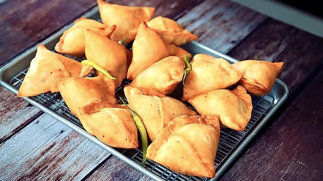 Samosa - crispy golden Samosa, deep-fried Indian snack filled with spicy mashed potatoes, peas, and herbs. A famous street food and restaurant favourite, loved worldwide for its flaky crust and rich