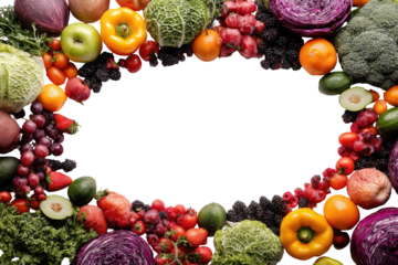 Vibrant array of colorful fruits and vegetables arranged in an oval frame against a black background
