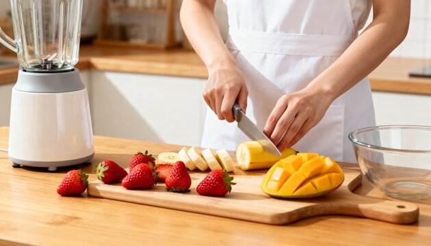 Woman preparing fresh fruit for a healthy smoothie in a modern kitchen. Slicing banana, strawberry, and mango on a wooden cutting board. Healthy lifestyle and nutrition concept