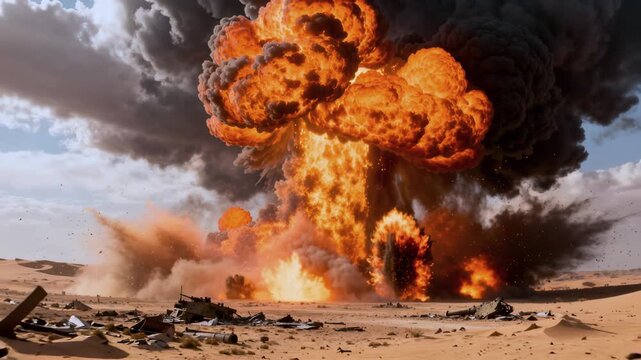 Nuclear tests in a desert area. Massive explosion and fireball in desert. Huge nuclear explosion forms fiery mushroom cloud in desert environment. Concept of war, danger, destruction, and disaster