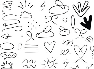 Simple sketch line style elements. Doodle cute ink pen line elements isolated on white background. Doodle arrow, heart, star, decoration symbol, icon set. Vector illustration