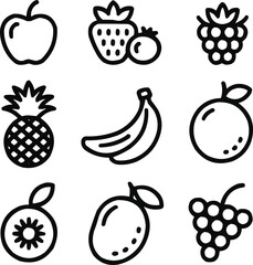 Fresh Fruits Outline Icon Collection Apples, Berries, Citrus, and Tropical Fruits