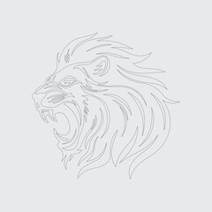 Minimalist line art of roaring lion head, elegant animal outline design for tattoo, logo, or branding concept. Vector illustration on light gray background