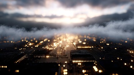 Abstract digital network with glowing lights under a cloudy dawn sky evoking technology and connectivity