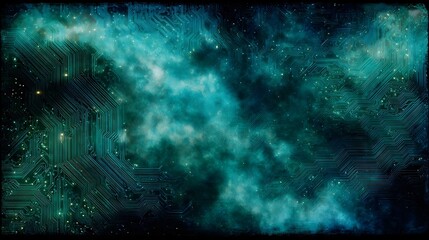 Futuristic concept blending circuit board pattern with a vibrant teal star filled cosmic nebula symbolizing technology and the universe