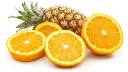 Pineapple and three oranges arranged on a simple wooden table background