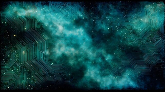 Futuristic concept blending circuit board pattern with a vibrant teal star filled cosmic nebula symbolizing technology and the universe