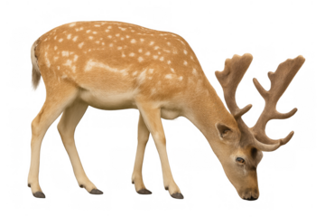 Fallow deer buck, dama dama, gracefully grazing, showcasing its spotted coat and antlers in a wildlife setting