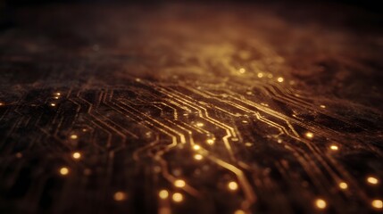 A close up view of a complex electronic circuit board with glowing orange pathways representing data flow and technology