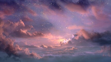 Naklejka premium Soft Glowing Clouds Representing Hope in a Serene Sky at Dusk with a Blend of Colors and Stars