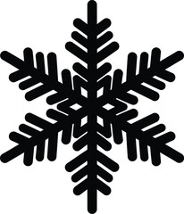 Simple black snowflake vector graphic with six branches and intricate detailing, ideal for winter
