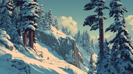 Winter landscape of snowy pines, gentle snowflakes, atmospheric perspective.
