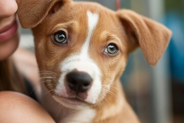 Puppy looking at camera while being held by woman