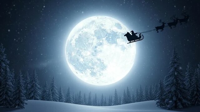 Santa Claus and his reindeer sleigh flying across the full moon in a magical winter night sky delivering gifts for Christmas.