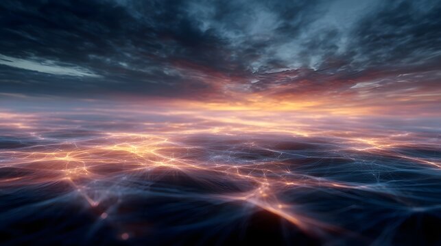 Abstract glowing digital network over fluid surface during dramatic sunset with cloudy sky