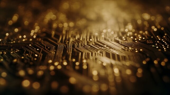 Close up abstract view of a golden circuit board with intricate pathways and glowing lights