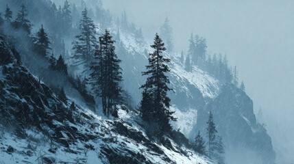 Cinematic wide shot of snowy pines on hillside during gentle snowfall.