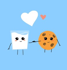 cookie and glass of milk , cute funny character cartoon style illustration 