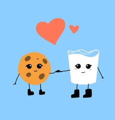 cookie and glass of milk , cute funny character in love cartoon style illustration 