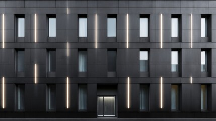 Minimalist Black Facade with Narrow Light Panels on an Ultramodern Building Design