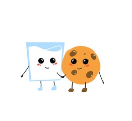 cookie and glass of milk friends  , cute funny character cartoon style illustration 