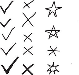 Hand drawn check marks, cross marks and star symbols collection, doodle style approval and rating icons set