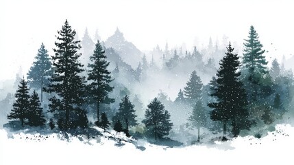 Soft brush textured watercolor landscape of snowy forest, serene mood.