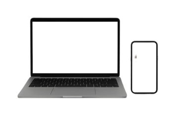 High quality modern laptop mockup front view and smartphone mockup, black screen isolated on transparent background