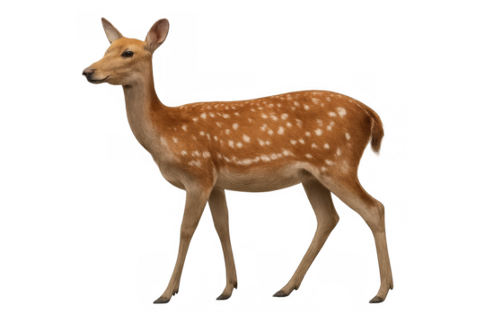 Sika deer standing, featuring its spotted fawn-like coat, an elegant wild mammal with a transparent background