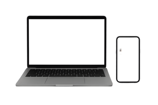 High quality modern laptop mockup front view and smartphone mockup, black screen isolated on transparent background