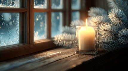 Winter nature ambiance: warm candle glow and serene snowy exterior.