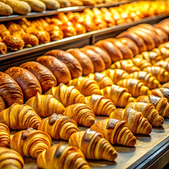 Rows of golden brown croissants displayed on bakery shelves