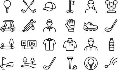 Golf sport icons set: equipment, players, course elements and more