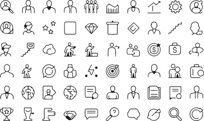 Collection of business and finance line icons on a white background